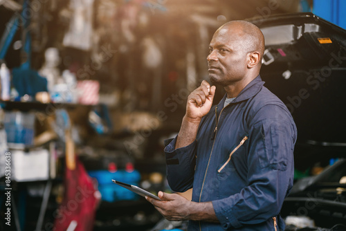 Thinking Garage Worker. Intelligence Mechanic auto service. African male think idea solve car problem.