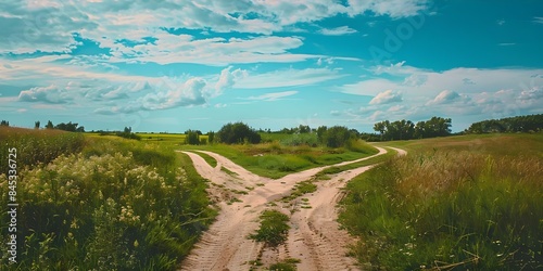 Rural crossroads with two dirt paths diverging symbolizing decisionmaking and choice. Concept Rural scenery, Crossroads, Dirt paths, Decision-making, Choice