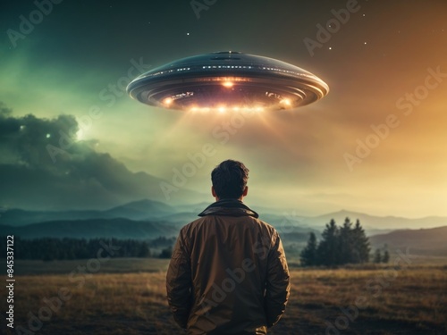 Back view of man looking at alien invasion UFO flying in sky