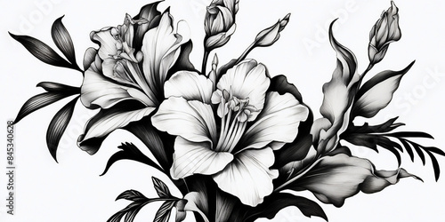 Gladiolus flowers illustration in black and white with shading. Branch of Gladiolus simple tattoo