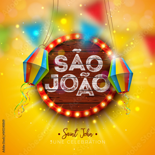 Festa Junina Illustration with Party Flags, Paper Lantern and 3d Sao Joao Lettering on Light Bulb Billboard with Wood Background. Vector Brazil June Festival Design for Greeting Card, Banner or