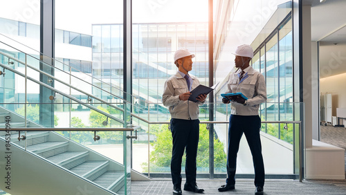 Group of multinational engineers having a conversation in a building