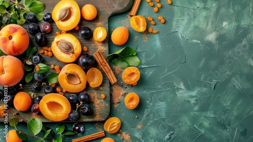 Sliced apricots and sloe berries with cinnamon on a cutting board seen from above on a green background with room for text