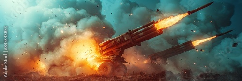 A missile launcher fires off several missiles in a powerful volley, creating a dramatic and fiery display