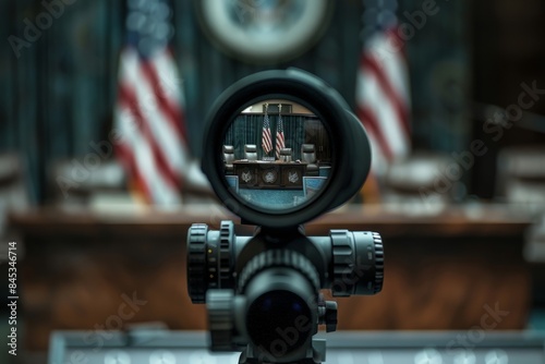 View of a politician through the optical sight of a sniper rifle, assassination