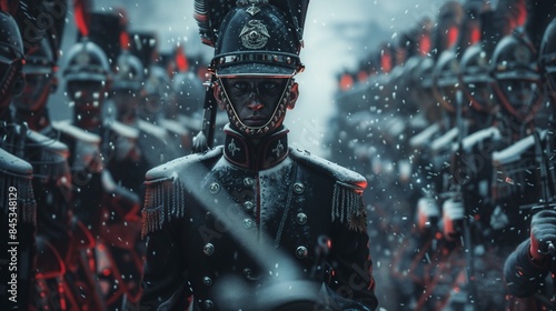 general military with uniform in a cold battlefield and soldiers in line around leadership in the history of the napoleonic war in Russia. Cinematic scene with snow