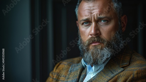Stylish bearded man with a pensive look dressed in a tailored suit