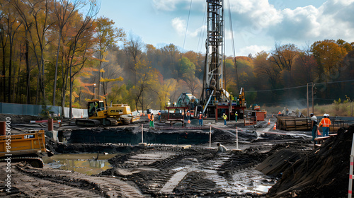 Busy workers operating machinery at a natural gas extraction site drilling into the ground deeply.