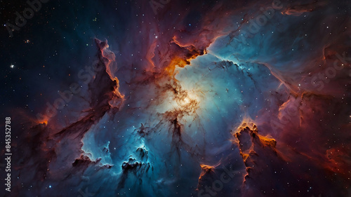 Nebula of colors, from deep purples and blues to fiery reds and oranges. The abstract forms and glowing points of light suggest distant galaxies and star formations.