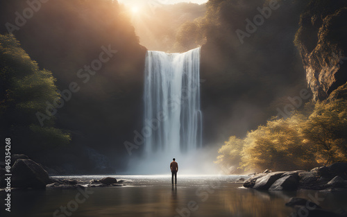 Man standing in front of a waterfall, sunrise, concept of overcoming obstacles in mental health