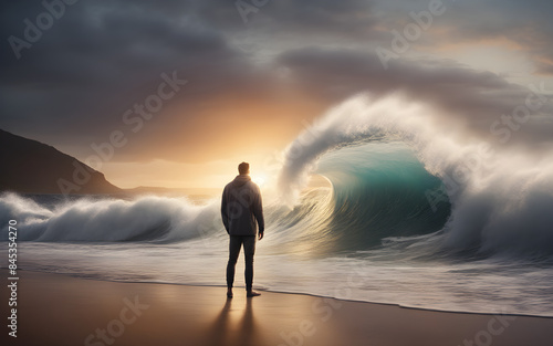 Man standing in front of a waterfall, sunrise, concept of overcoming obstacles in mental health