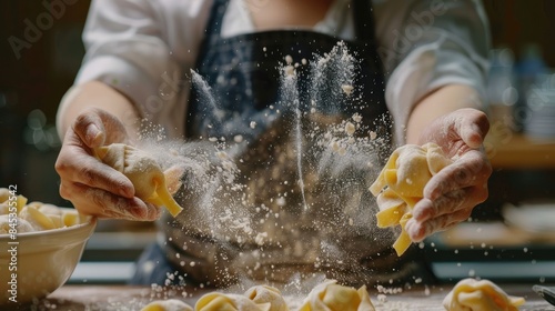 asia Woman hands knead dough for pasta ravioli or dumplings