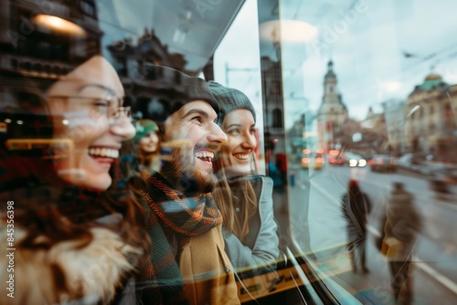 Friends laughing on a city tour bus, selective focus, sightseeing joy, realistic, double exposure, famous boulevard backdrop
