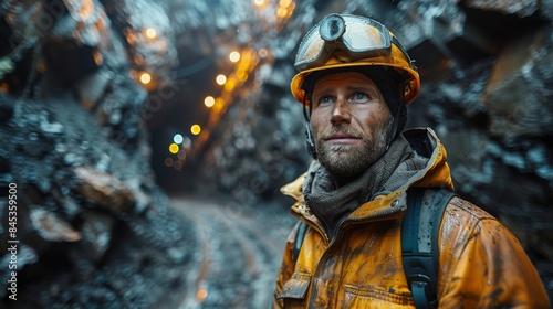 A miner wearing reflective gear and headlamp stands contemplative in an underground mine with atmospheric lighting