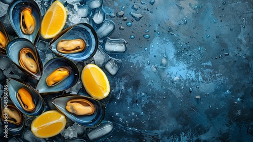 Chilled mussels with vibrant lemon slices on a bed of ice, with water droplets adding freshness