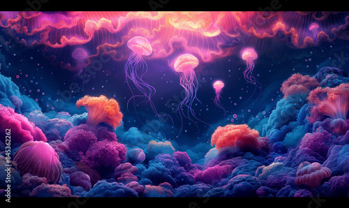 Illustration of colorful jellyfish swimming in ocean.
