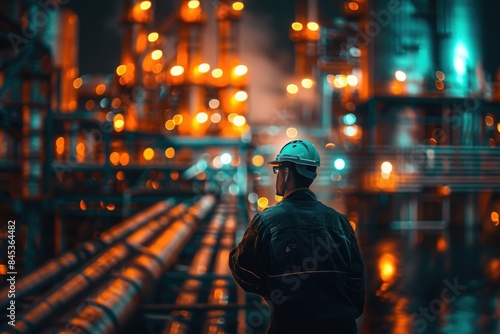 An engineer in a hard hat stands looking at a network of pipelines in a dimly lit industrial setting.