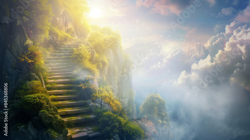 A mystical staircase leading to heaven, surrounded by otherworldly light, creating a vision of divine paradise and spiritual enlightenment.