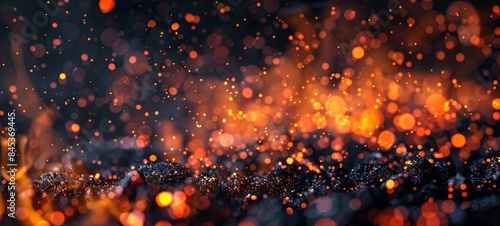 Fire coal particles on a black background. Fire sparkles background. Abstract dark shiny lights of fiery particles. bonfire in a blurry image