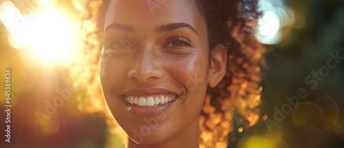 Closeup of a smiling woman with glowing, radiant, healthy skin, sunlight highlighting her natural beauty, softfocus background, dewy finish, vibrant complexion