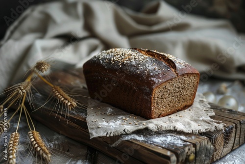 Rustic whole grain loaf of bread sits on a wooden board, topped with seeds. The backdrop includes a beige cloth and wheat stalks, enhancing the artisanal ambiance