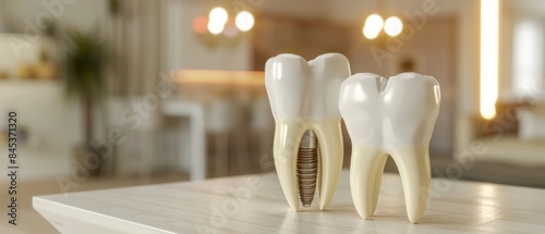 Two model teeth on a table, one with a dental implant, in a bright room