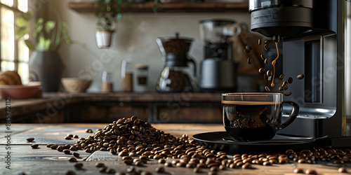 Coffee grinder and beans on wooden background 