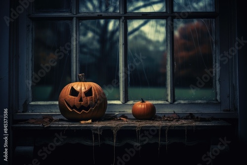 Halloween Pumpkin with Carved Face on Window Sill, Spooky Background, High Resolution Photo, High Resolution Photo, Stock Photo