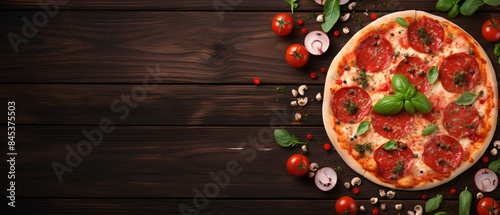  Classic Pizza Margherita on wooden backdrop with ample space for text.