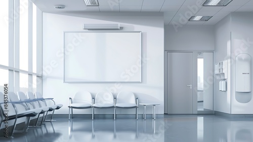 A hospital waiting room showcasing a blank white poster on the wall, modern chairs, and medical equipment around