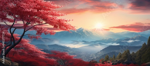 The red flower trees on the mountain. Creative banner. Copyspace image