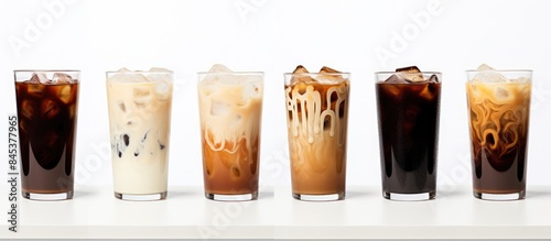 Set of black ice coffee and ice latte coffee with milk in tall glass isolated on white background. Creative banner. Copyspace image
