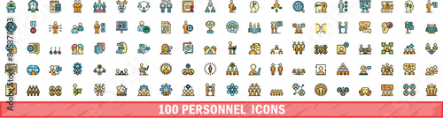 100 personnel icons set. Color line set of personnel vector icons thin line color flat on white