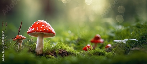 Young beautiful red fly agaric amanita hid in the grass. Creative banner. Copyspace image