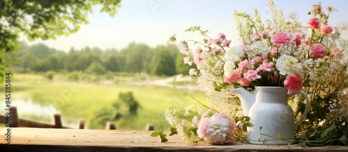 a small pitcher with flowers clover on the fence of the suburban area. Creative banner. Copyspace image