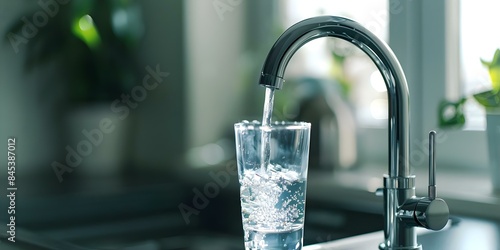 Capturing a modern water tap filling a glass with purified water up close. Concept Modern Water Tap, Filling Glass, Purified Water, Close-up Shot, Technology in Everyday Life