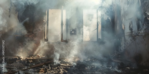 Residential property shows fire damage smoke stains soot burnt material charred walls odor. Concept Fire damage restoration, Smoke stain removal, Soot cleaning, Odor elimination