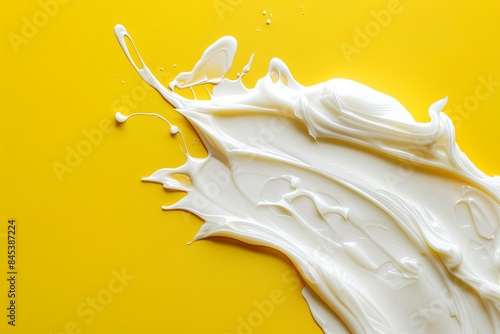 Sample smear of white cosmetic cream lotion on a yellow background. 