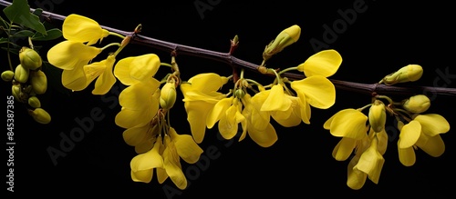 yellow laburnum on a dark background. Creative banner. Copyspace image