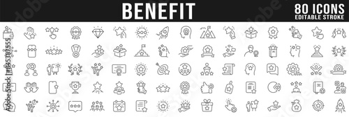 Benefit line icon big set. Reward, bonus, loyalty, star, winner, award, emploee etc. Editable stroke