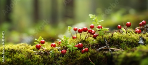 Lingonberries in the forest on the meadow together at the buds in the moss. Creative banner. Copyspace image