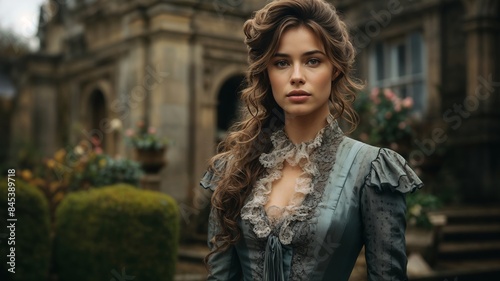 Elegant Woman in Historical Dress Outside Grand Estate