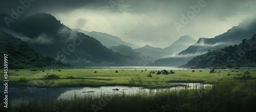 Looking across river at broke grass and green forested mountainside under cloudy skies. Creative banner. Copyspace image