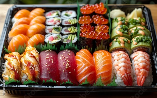 A variety of sushi and sashimi on a platter.