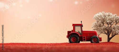 large red tractor trailer for tillage during sowing in spring. Creative banner. Copyspace image