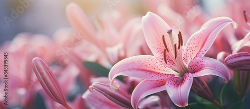 Pink lily flower in garden pink flower Close up Lily blossom. Creative banner. Copyspace image