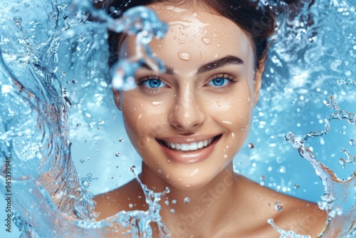 Beautiful model in spa with water splashes fresh skin concept.