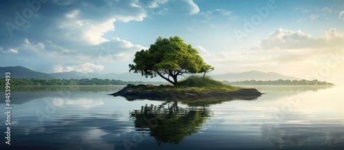 An Island standing alone in the middle of a lake. Creative banner. Copyspace image