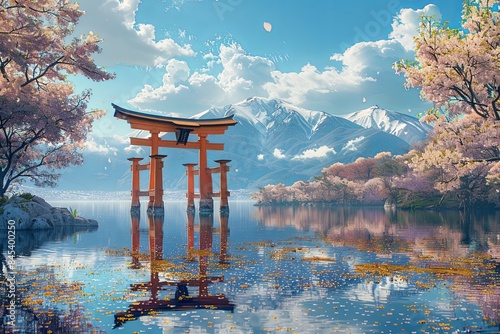 Volumetric stucco work showcasing a traditional Japanese torii gate standing amidst a serene lake, with mountains
