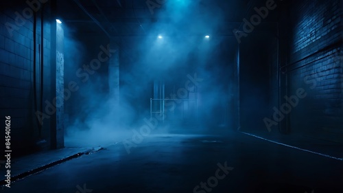 A scene for showing products, basement with blue lights on smoke, suitable for commercials